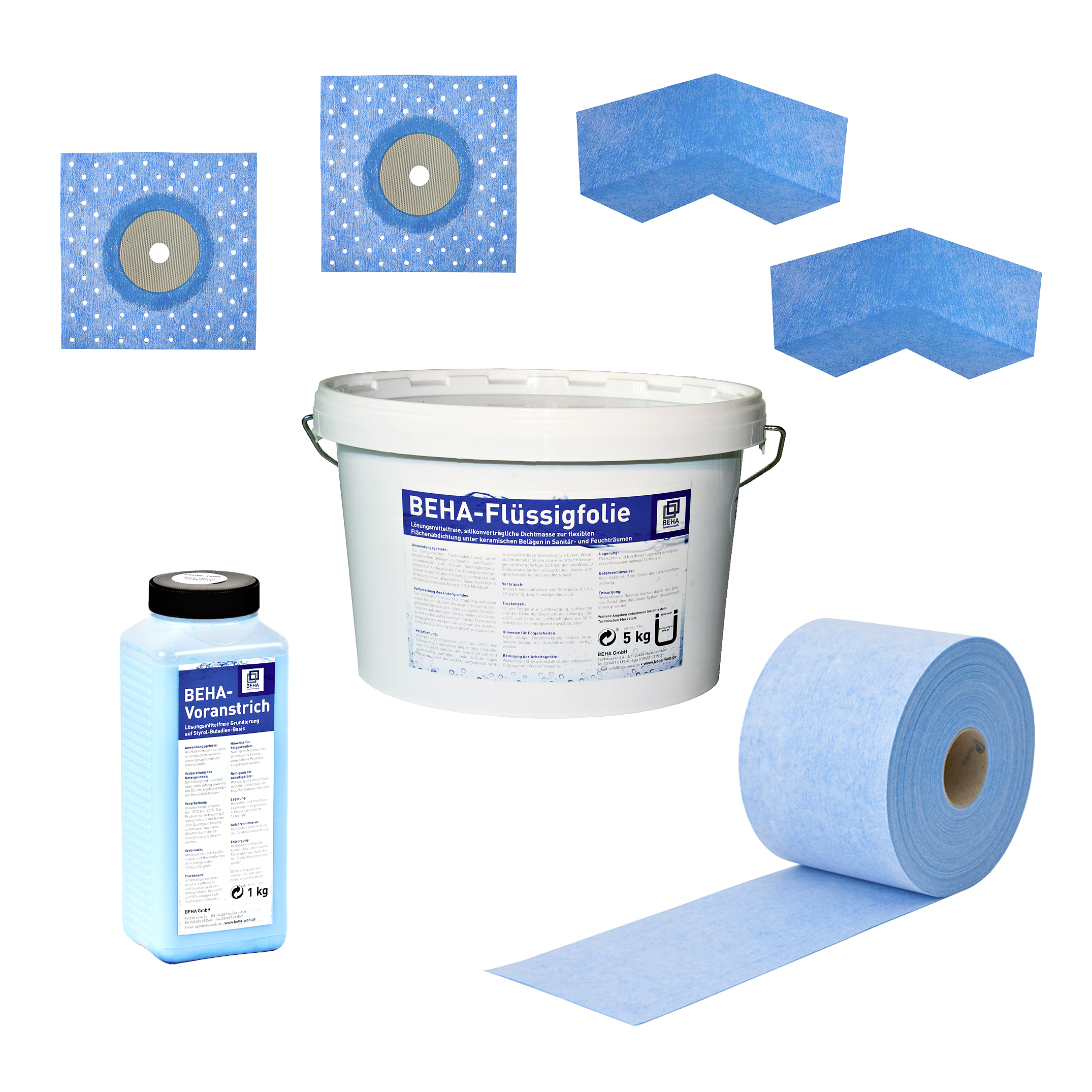 PVL-Set3 / 5m Dichtband + 2 Innenecken + 2 Wandmanschetten + 5 kg Flüssigfolie + 1kg Tiefengrund