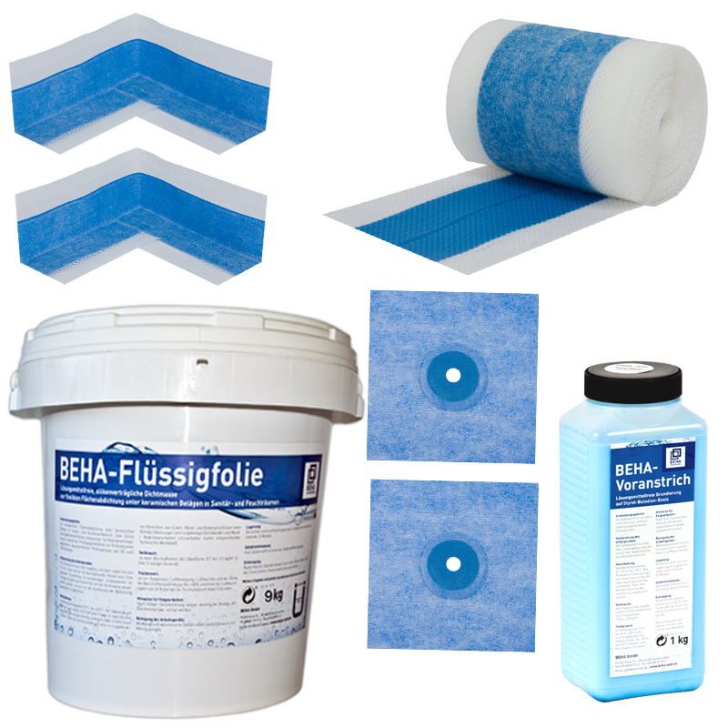 Dichtset "bluetec" 5m Dichtband + 9 kg Flüssigfolie + 1kg Tiefengrund+ 2 Innenecken + 2 Manschetten