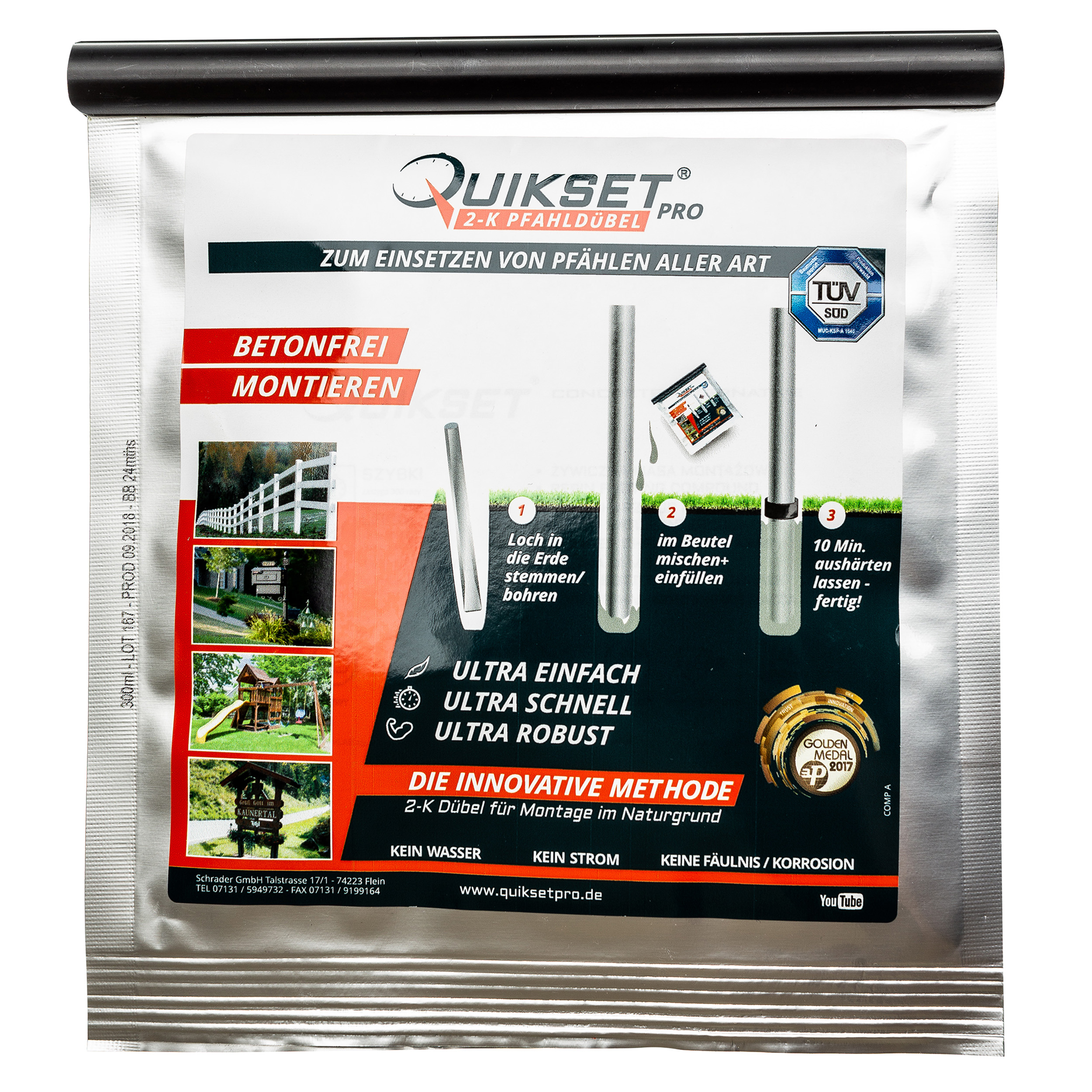 Quikset Pro 700ml 2K-Pfahldübel für Naturgrund im praktischen Beutel